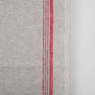 Light grey narrow pure linen fabric with red stripes 4 Narrow linen towel fabric in beige, with red stripes on one edge