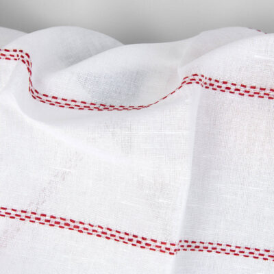 Linen cotton fabric white with red dashed stripes, natural fibre fabric