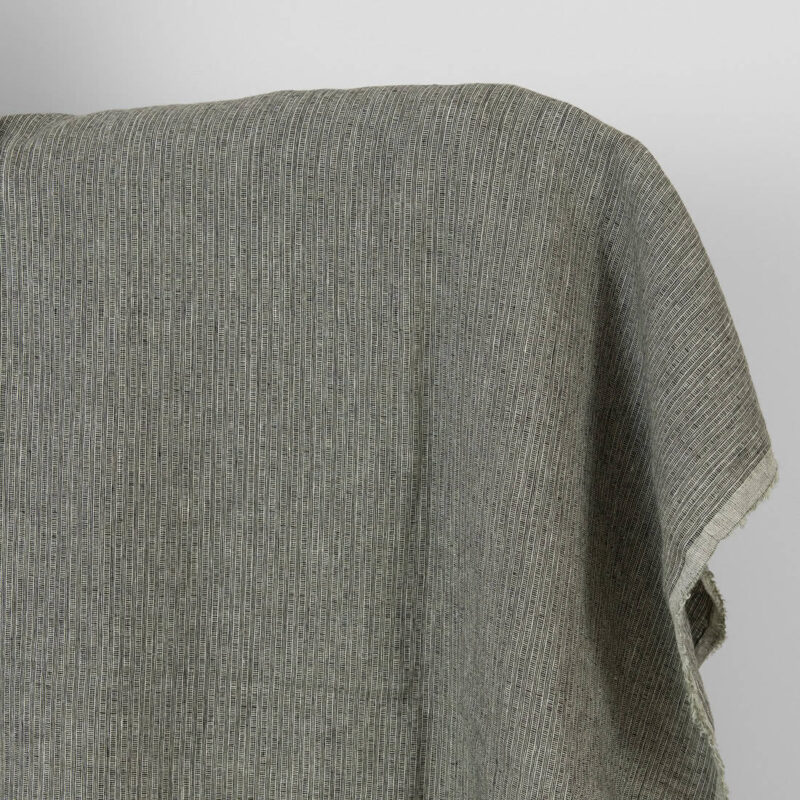 Linen fabric green-black small striped pattern washed 6 Washed linen fabric green-black small striped pattern