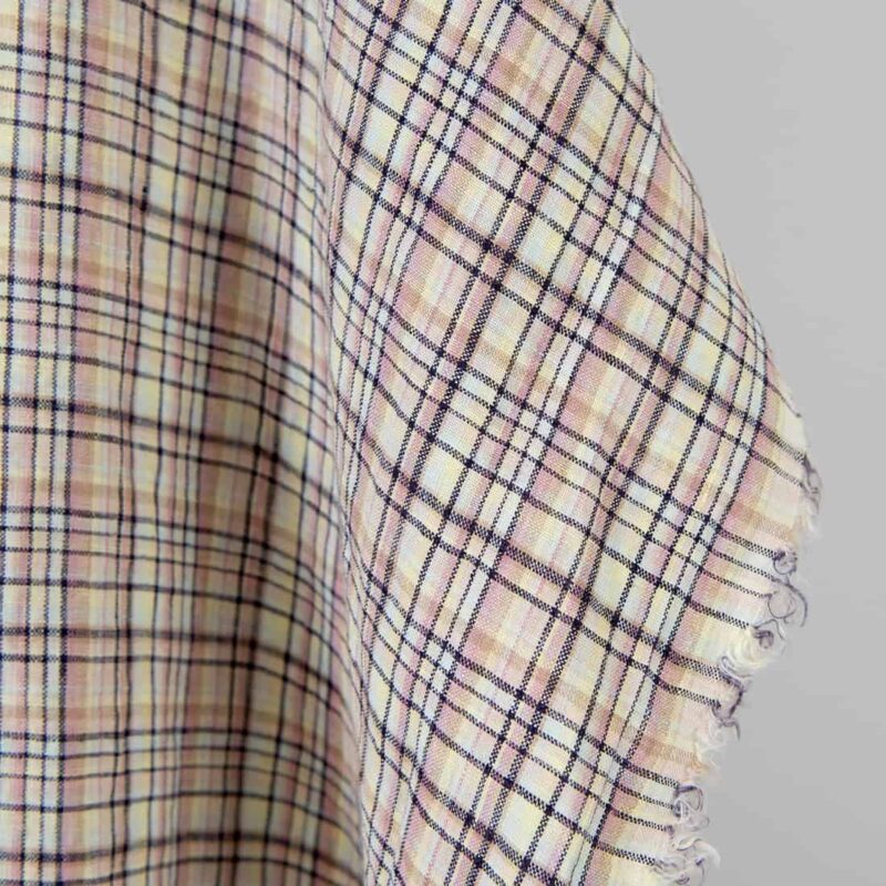 Linen fabric pastel multicolour and dark blue checks washed 6 Washed linen fabric pastel multicolour and dark blue checks, fabric edge