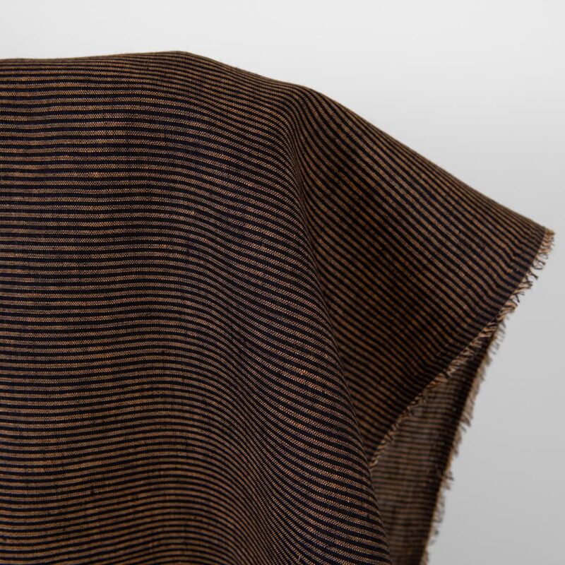 Linen fabric black with small clay stripes