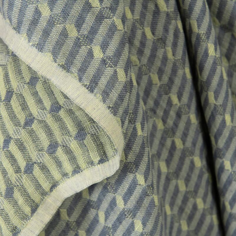 Linen fabric grey yellow geometric pattern washed 7 Washed linen fabric grey yellow, double-layer
