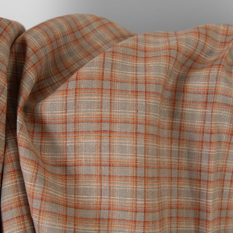 Linen fabric orange brown checks