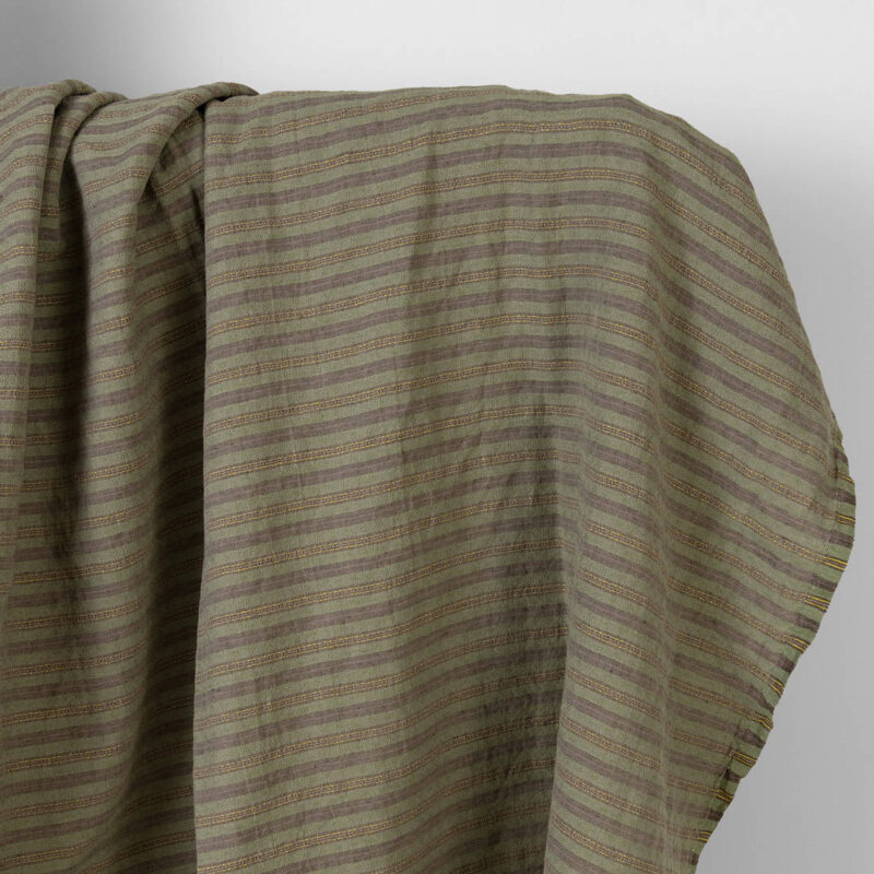 Linen cotton fabric brown green patterned stripes washed 4 Washed linen cotton fabric brown green patterned stripes