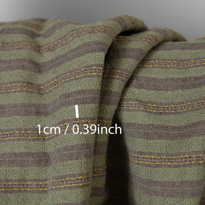 Linen cotton fabric brown green patterned stripes washed 6 Washed linen cotton fabric brown green patterned stripes, with measurements