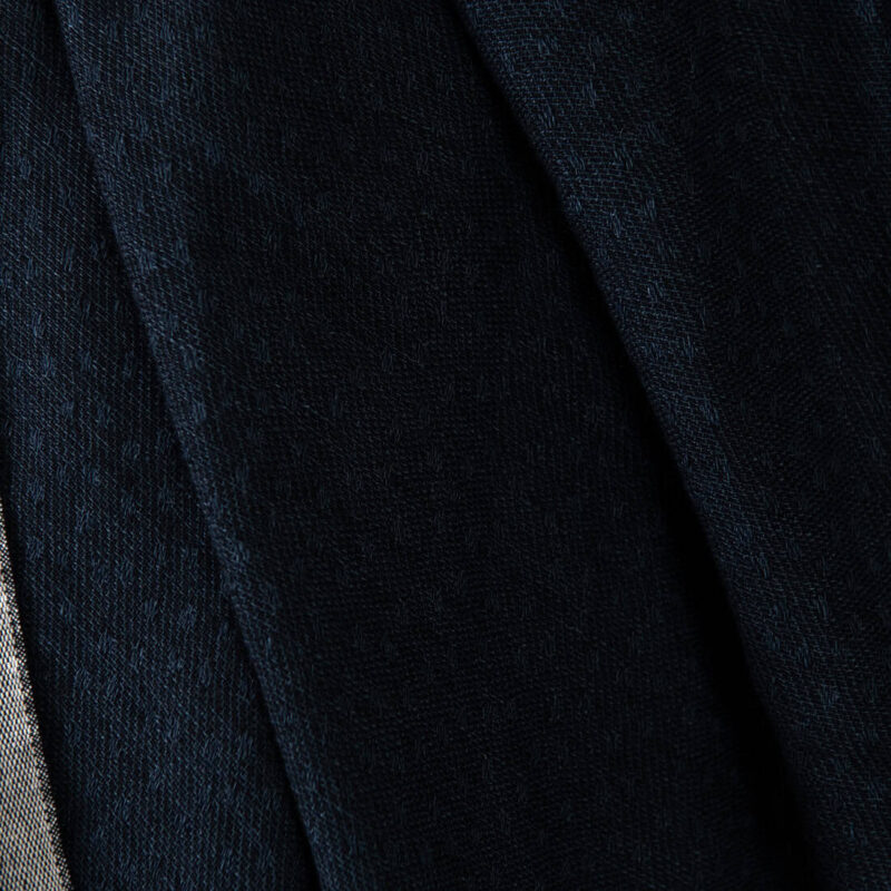Linen wool fabric black with dark blue dots washed 6 Washed linen wool fabric black with dark blue dots, jacquard