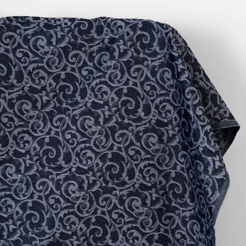 Linen cotton fabric blue and grey jacquard silver lurex