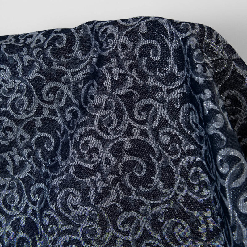 Linen cotton fabric blue and grey jacquard silver lurex