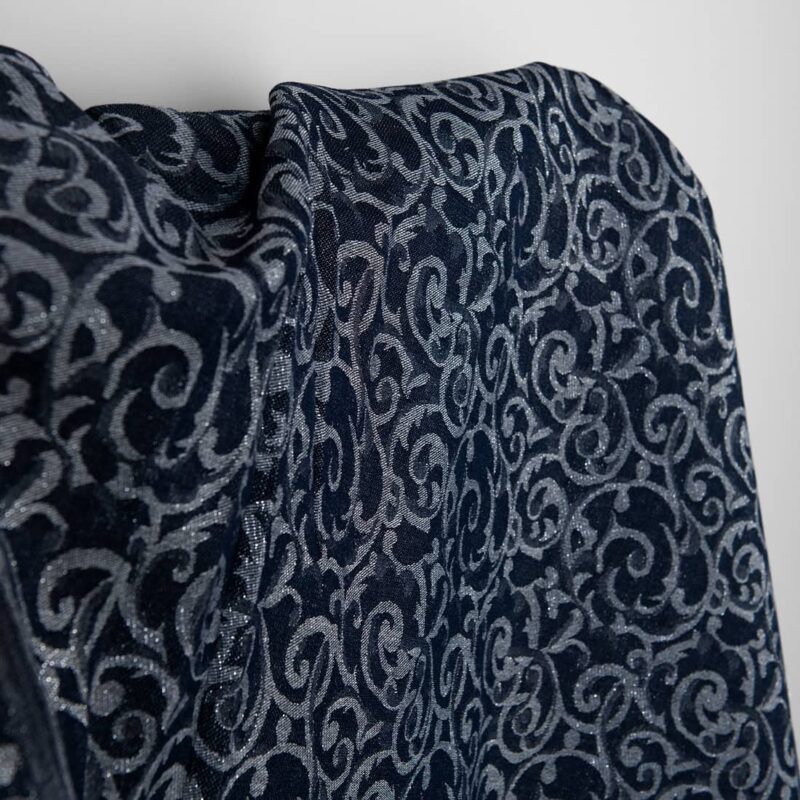 Linen cotton fabric blue and grey jacquard silver lurex