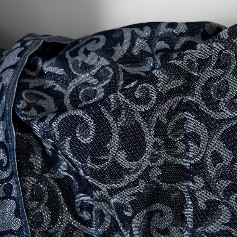 Linen cotton fabric blue and grey jacquard silver lurex