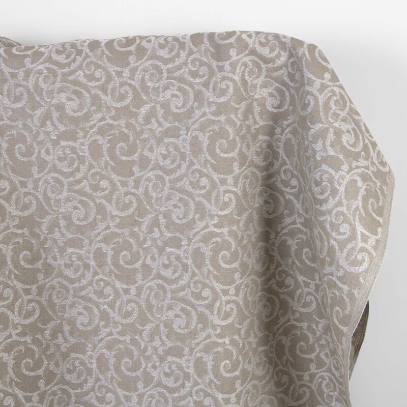 Linen cotton fabric beige and white jacquard silver lurex