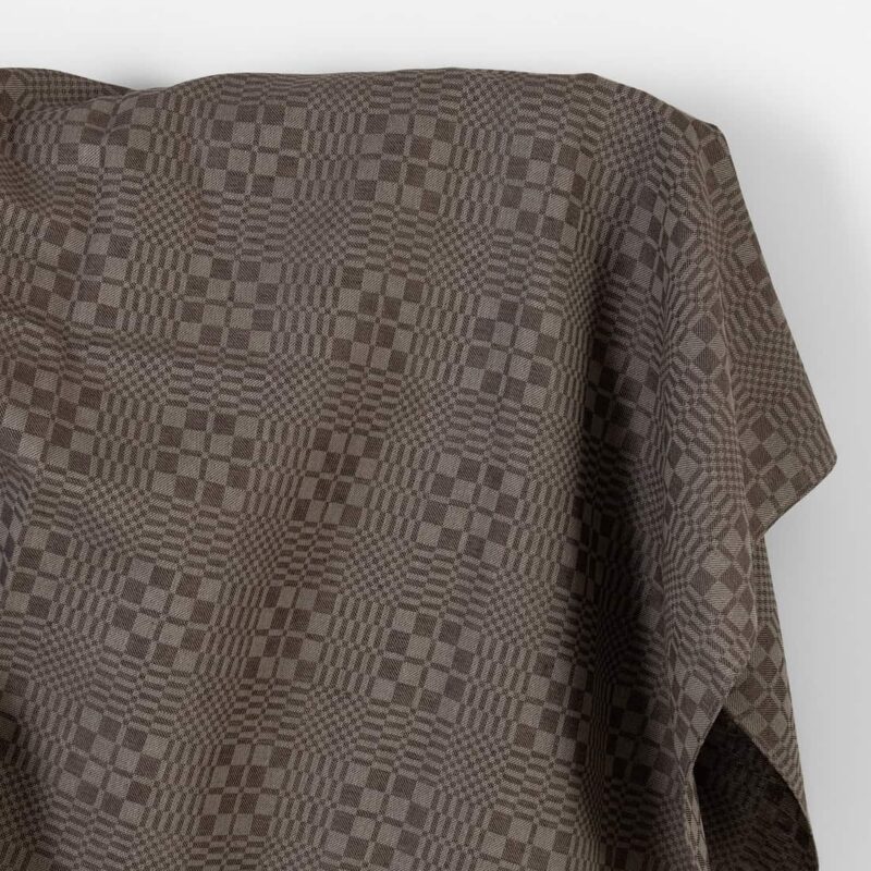 Linen cotton fabric dark brown and beige twill checks