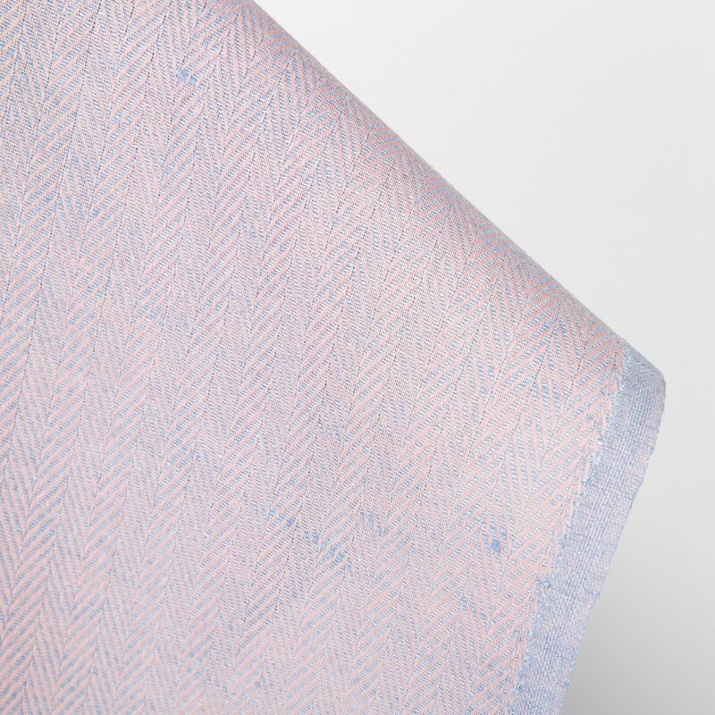 Linen cotton fabric light pink and pale blue herringbone