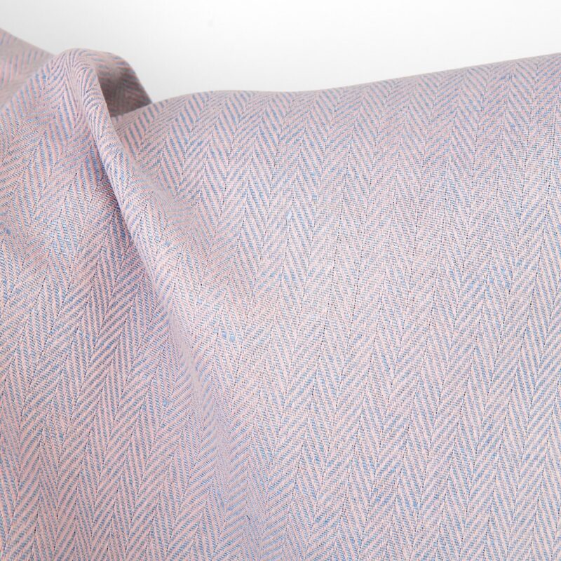 Linen cotton fabric light pink and pale blue herringbone