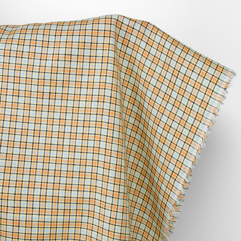 Linen fabric orange and pale blue checks