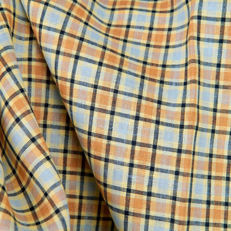 Linen fabric orange and pale blue checks