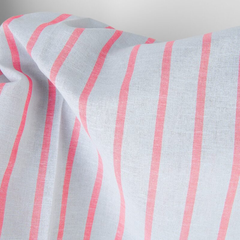 Linen cotton fabric light grey with bright red stripes
