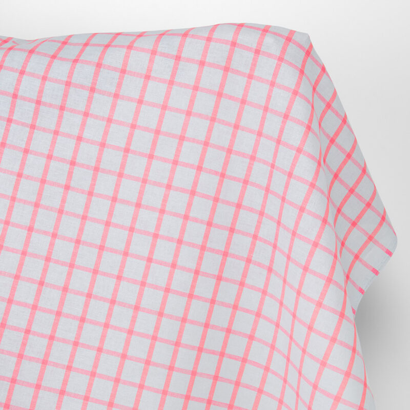 Linen cotton fabric light grey with bright red checks