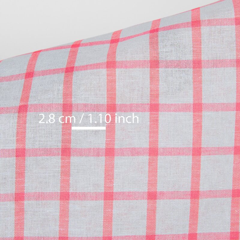 Linen cotton fabric light grey with bright red checks