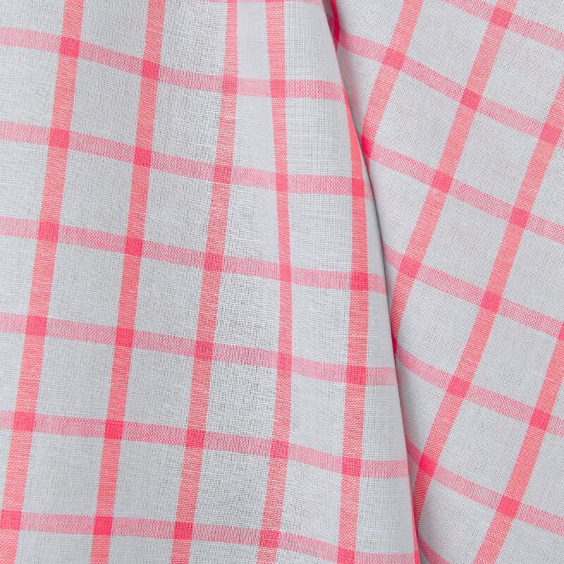 Linen cotton fabric light grey with bright red checks