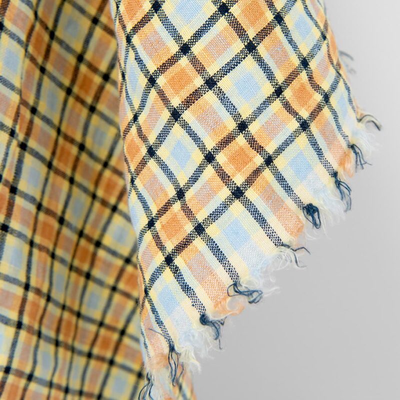 Linen fabric orange and pale blue checks, washed