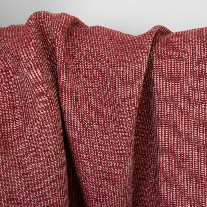 Linen fabric wine red striped, washed