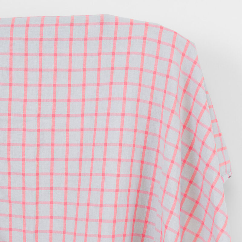 Linen cotton fabric light grey with bright red checks, washed