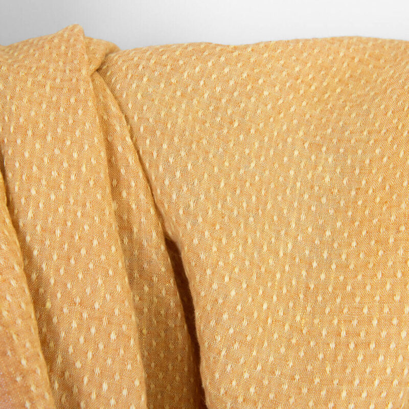 Linen fabric light yellow and clay polka dot, washed