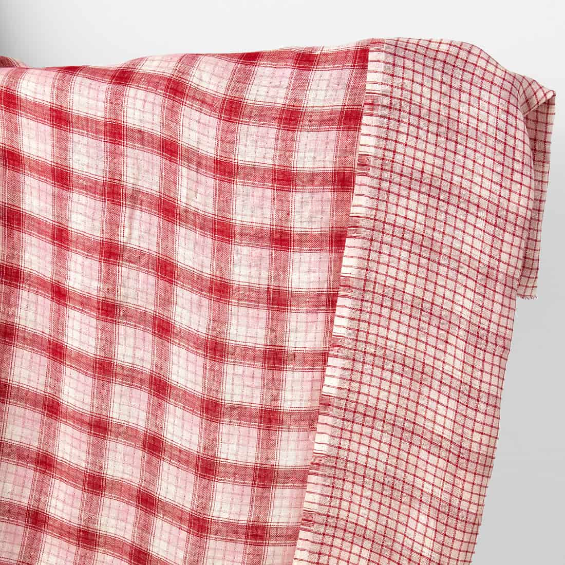 Linen fabric red, pink, cream double-sided checks